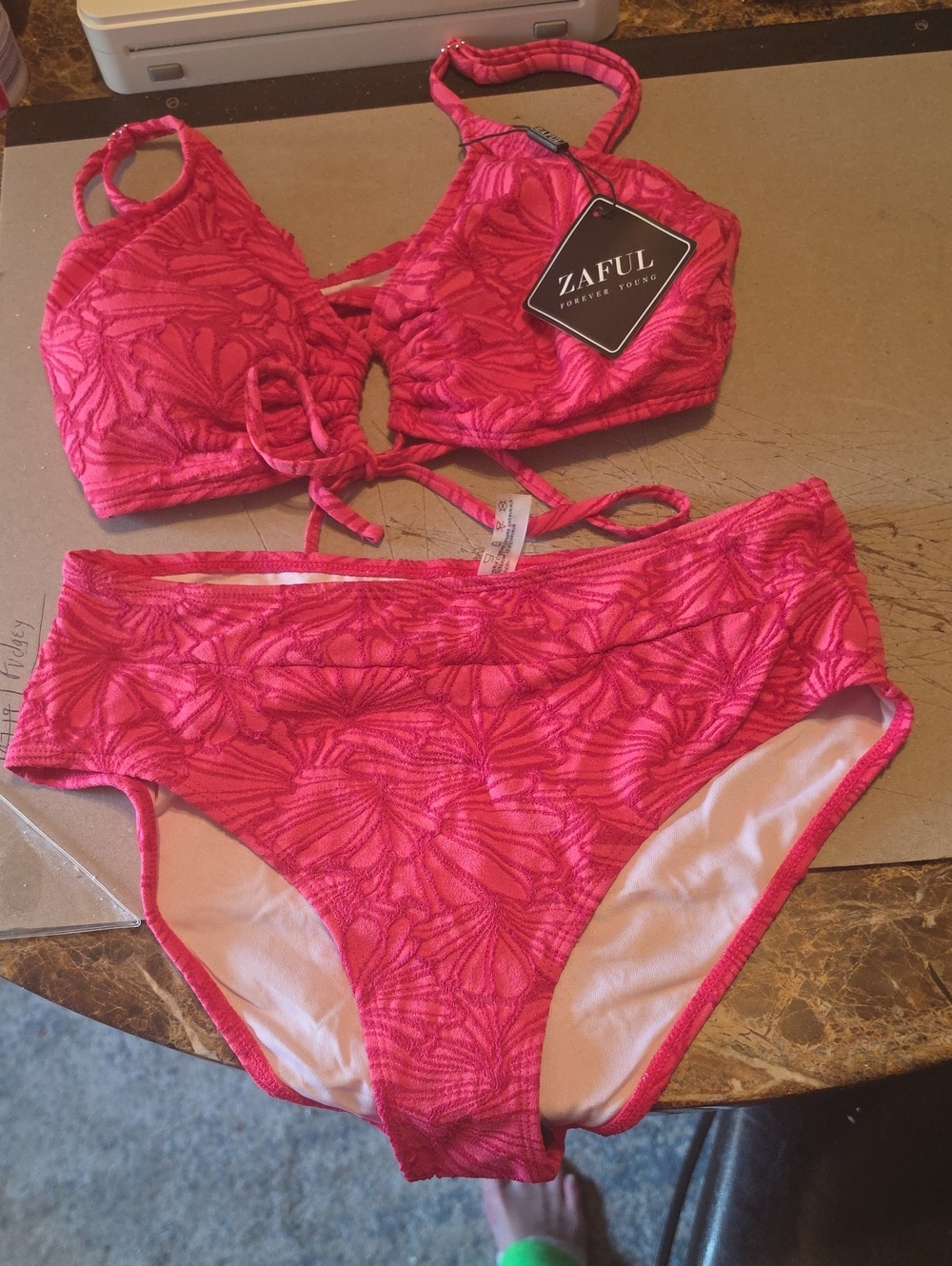 Zaful Hot Pink Textured High-Waist Bikini Set